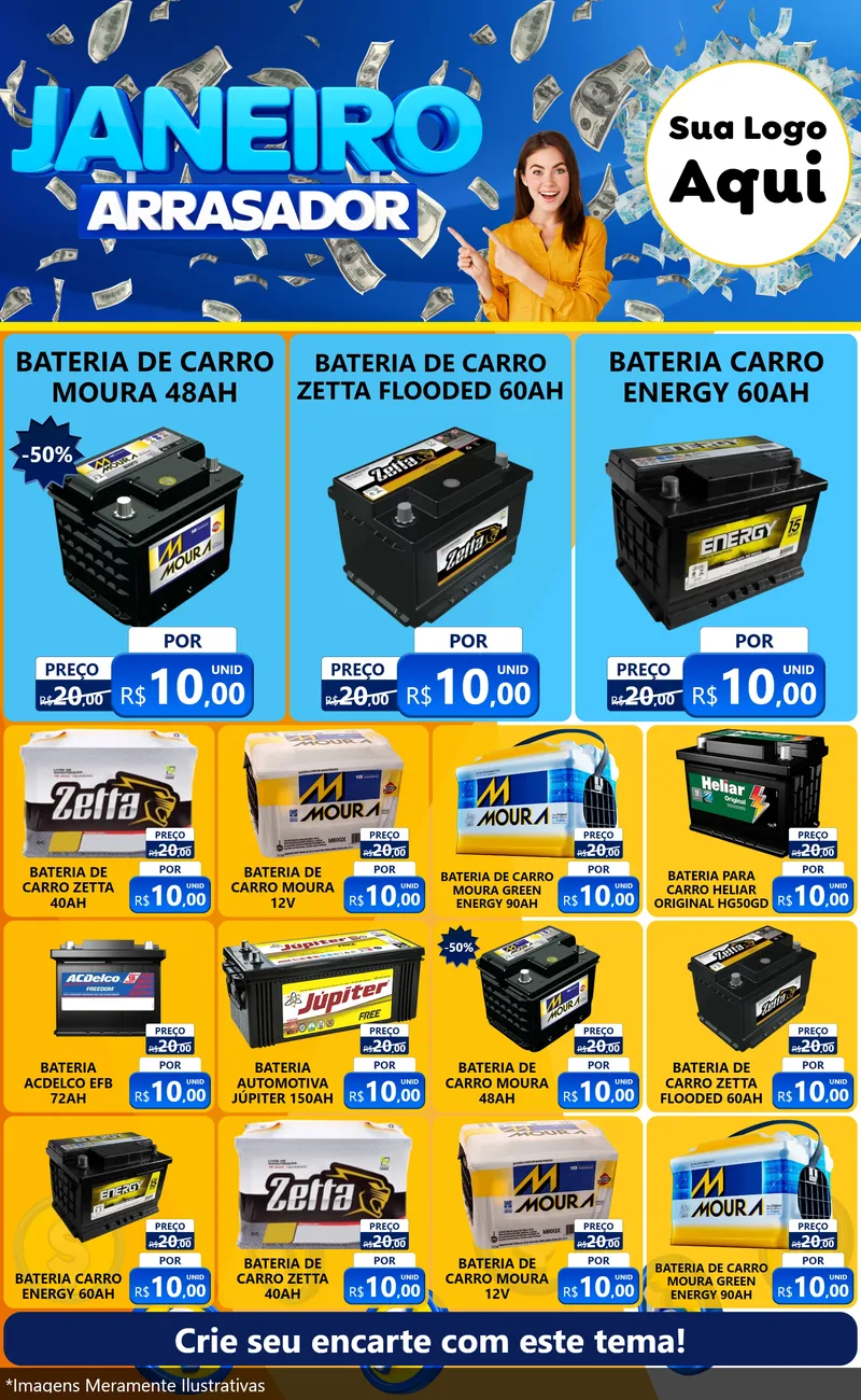 Modelo de Encarte para Encarte Grande com o tema Janeiro Arrasador para Baterias Elétricas