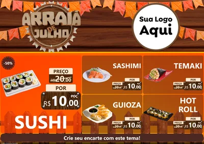 Modelo de Encarte para Encarte A4 Horizontal com o tema Arraiá de Julho - Junina para Comida japonesa