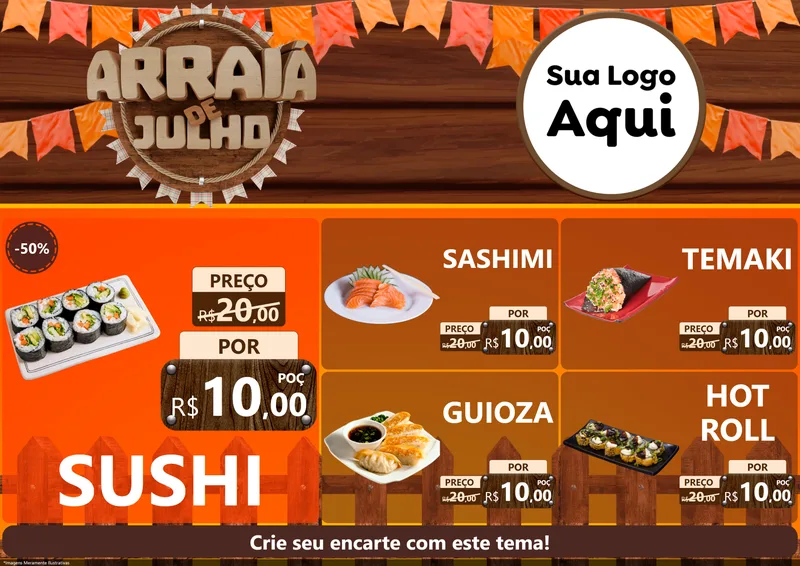 Modelo de Encarte para Encarte A4 Horizontal com o tema Arraiá de Julho - Junina para Comida japonesa