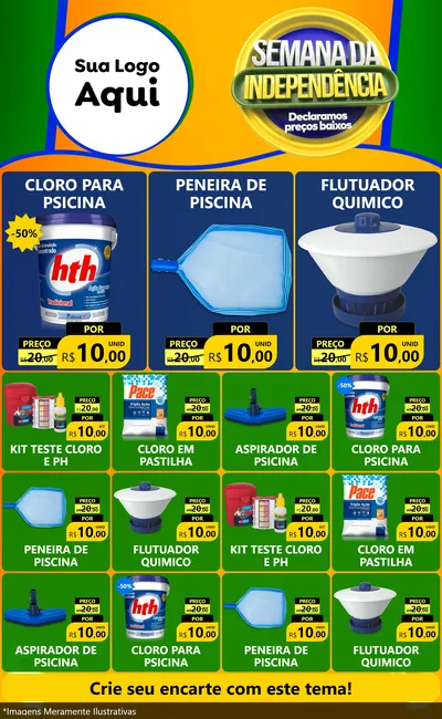 Modelo de Encarte para Encarte Grande com o tema Semana da Independência Declaramos Preços Baixos para Produtos para Piscina