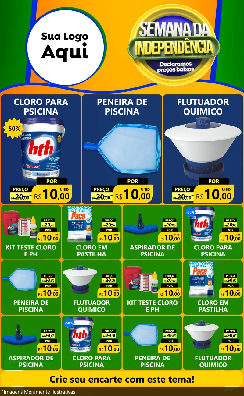Modelo de Encarte para Encarte Grande com o tema Semana da Independência Declaramos Preços Baixos para Produtos para Piscina
