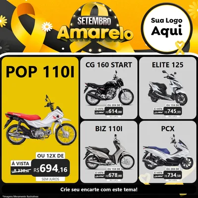 Modelo de Rede Social para Feed Facebook com o tema Setembro Amarelo para Concessionaria de Motos