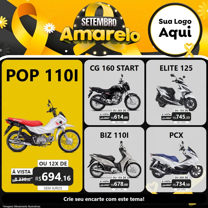 Modelo de Rede Social para Feed Facebook com o tema Setembro Amarelo para Concessionaria de Motos