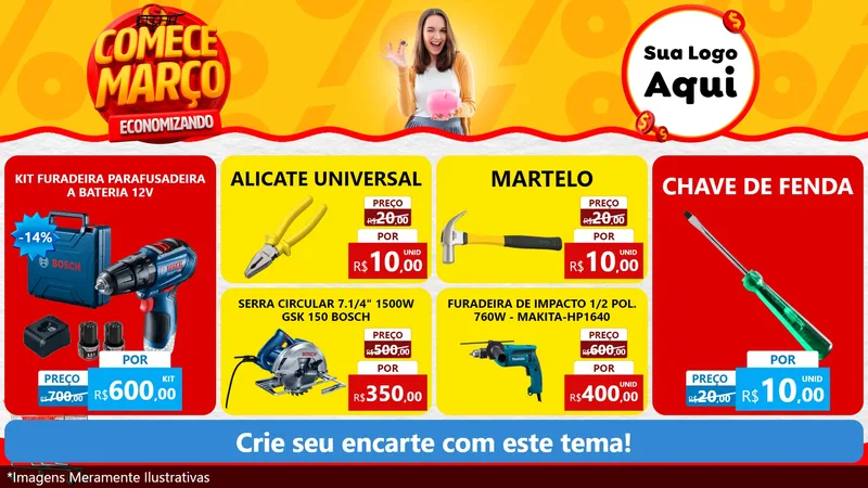 Modelo de TV para TV Horizontal com o tema Comece Março Economizando para Maquinas e Ferramentas