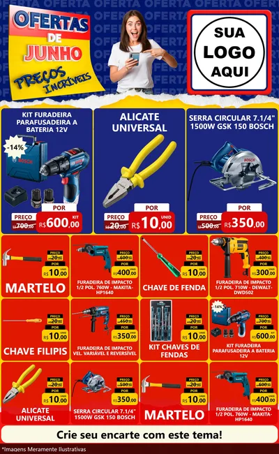 Modelo de Encarte para Encarte Grande com o tema Ofertas de Junho - Preços Incríveis para Maquinas e Ferramentas