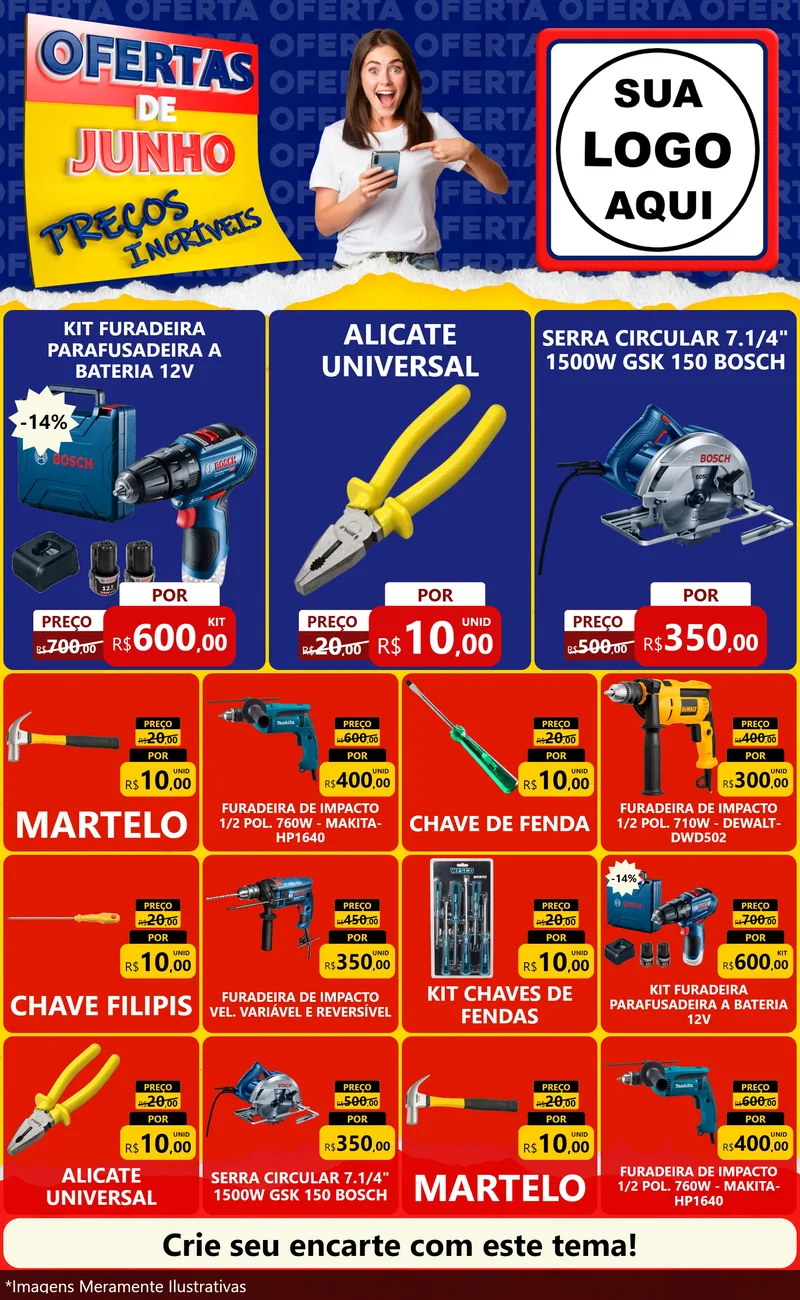 Modelo de Encarte para Encarte Grande com o tema Ofertas de Junho - Preços Incríveis para Maquinas e Ferramentas