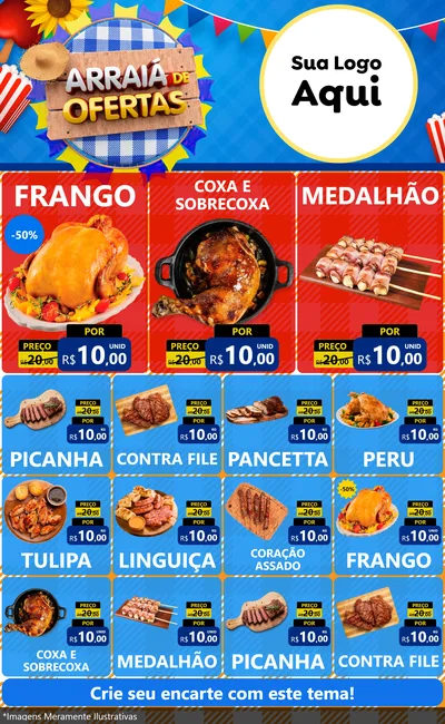 Modelo de Encarte para Encarte Grande com o tema Arraiá de Ofertas para Assados