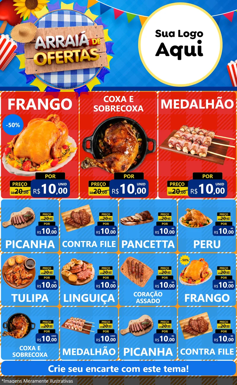 Modelo de Encarte para Encarte Grande com o tema Arraiá de Ofertas para Assados