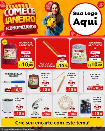 Modelo de Rede Social para Feed Instagram com o tema Comece Janeiro Economizando para Armarinho e Aviamentos