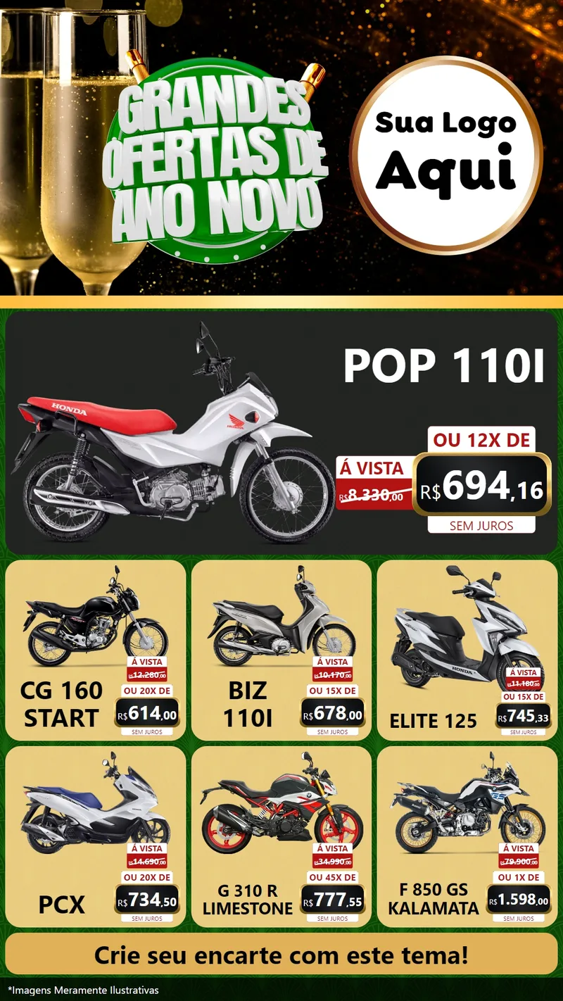 Modelo de Rede Social para Stories com o tema Grandes Ofertas de Ano Novo para Concessionaria de Motos
