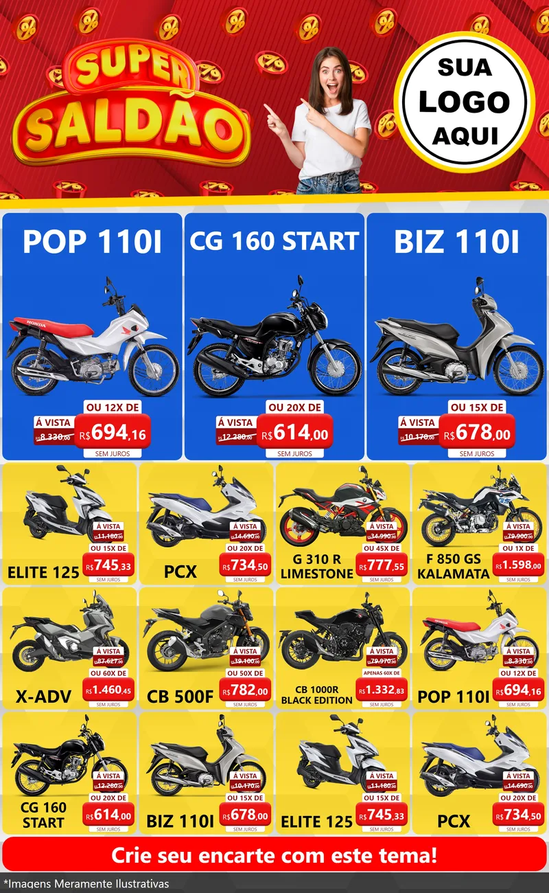 Modelo de Encarte para Encarte Grande com o tema Super Saldão para Concessionaria de Motos