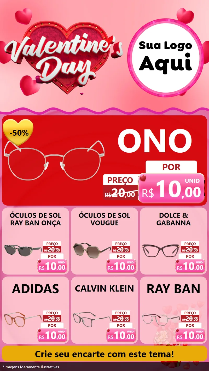 Modelo de Rede Social para Stories com o tema Valentine's Day para Óticas