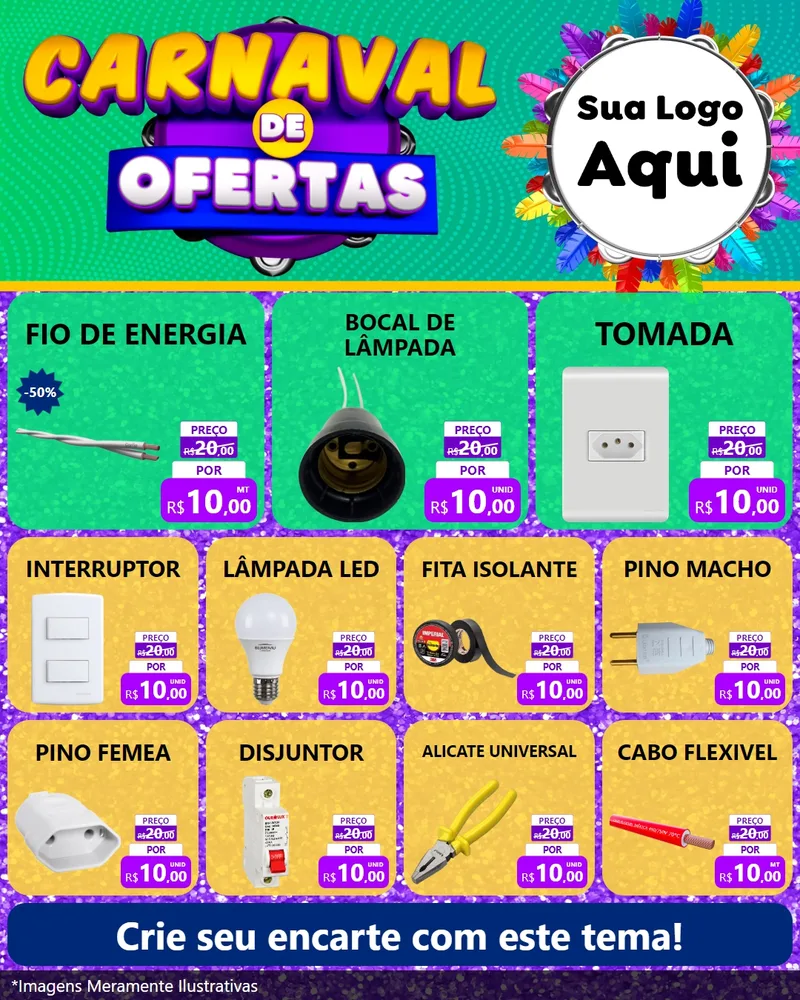 Modelo de Rede Social para Feed Instagram com o tema Carnaval de Ofertas para Materiais Elétricos