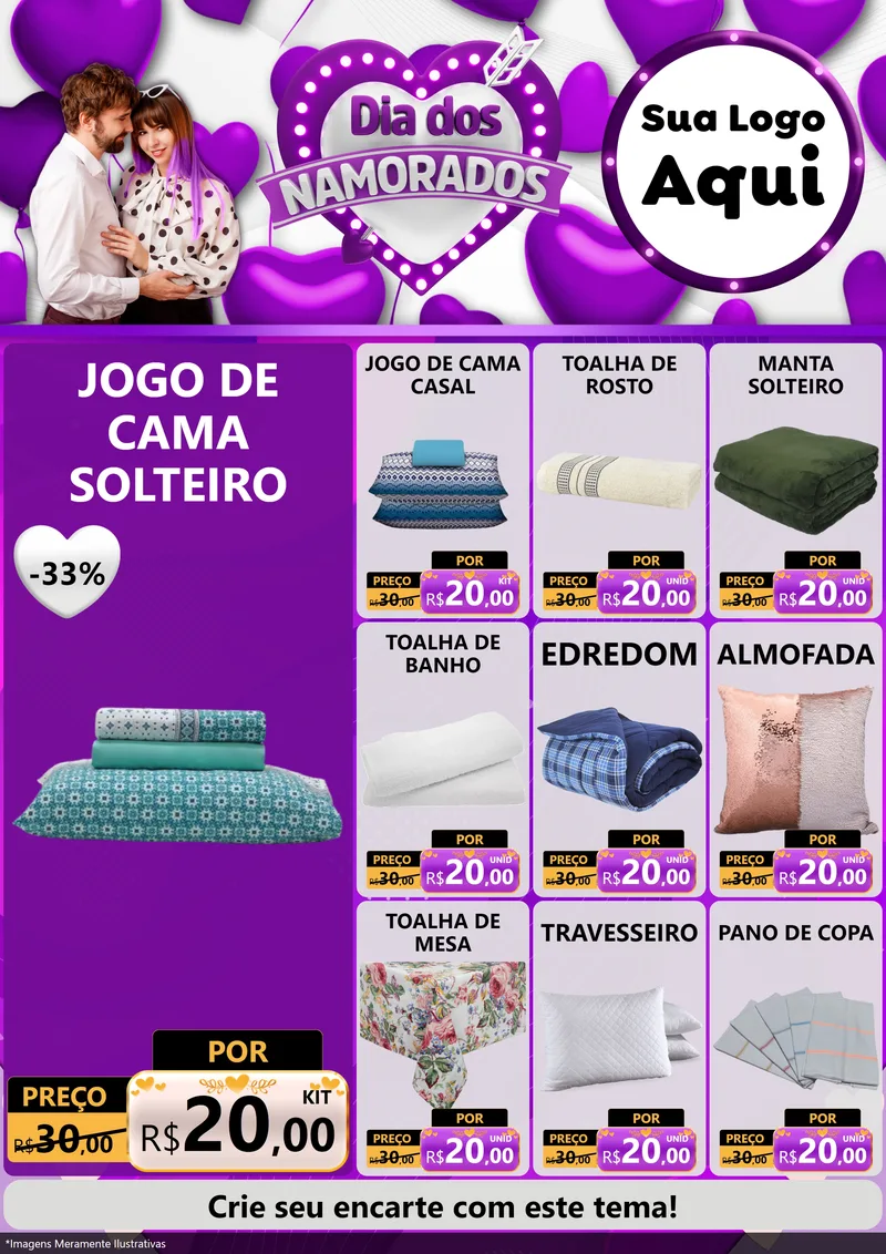 Modelo de Encarte para Encarte A4 Vertical com o tema Dia dos Namorados para Cama, Mesa e Banho