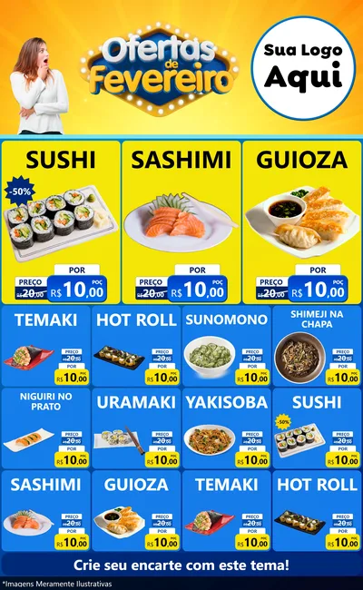 Modelo de Encarte para Encarte Grande com o tema Ofertas de Fevereiro para Comida japonesa