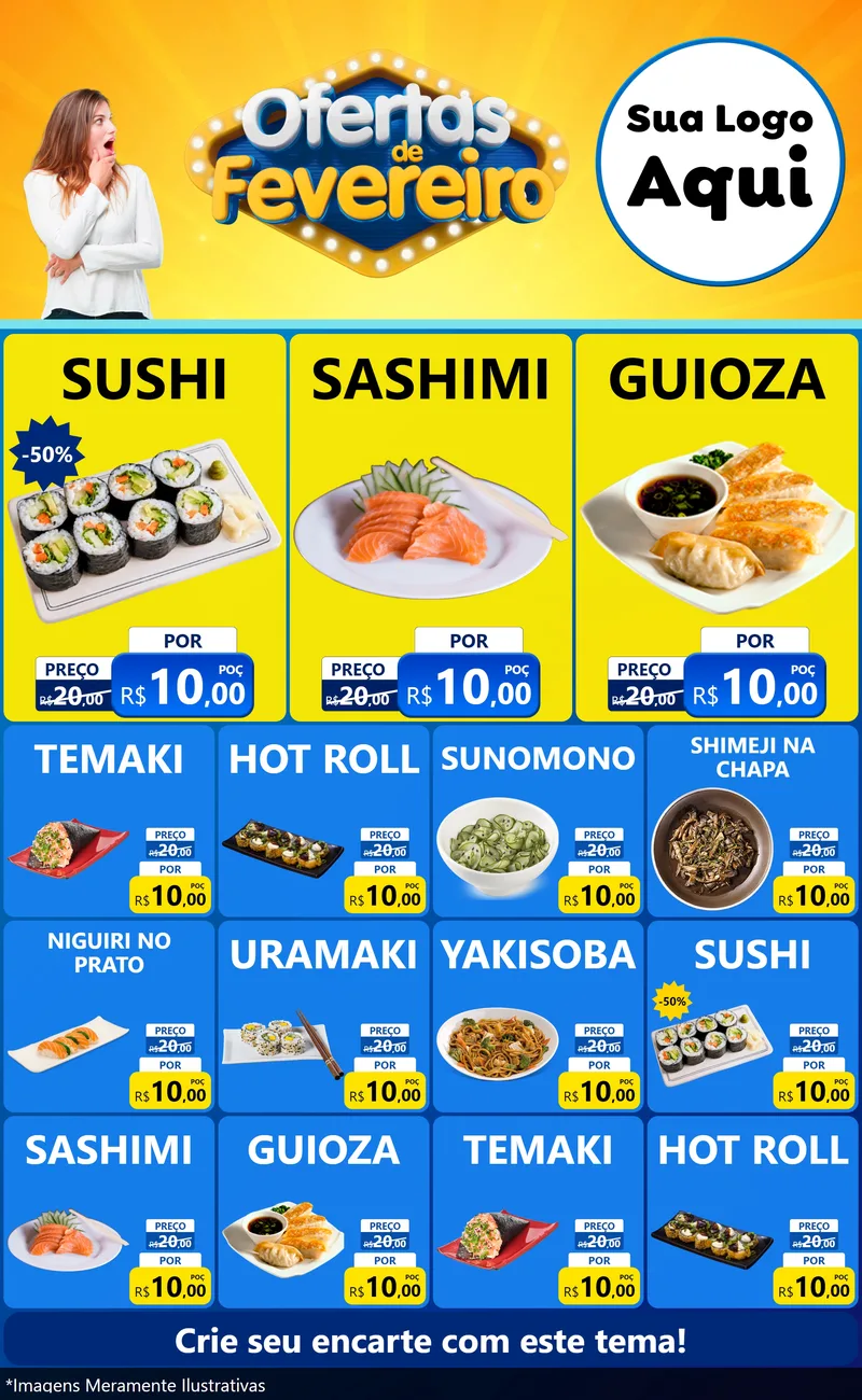 Modelo de Encarte para Encarte Grande com o tema Ofertas de Fevereiro para Comida japonesa
