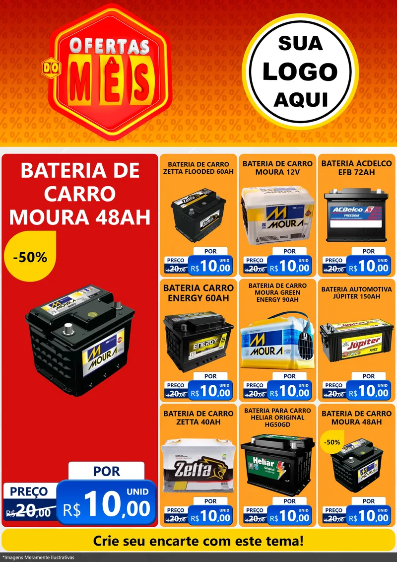 Modelo de Encarte para Encarte A4 Vertical com o tema Ofertas do Mês para Baterias Elétricas
