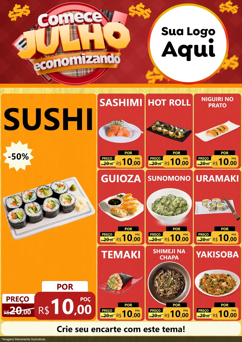 Modelo de Encarte para Encarte A4 Vertical com o tema Comece Julho Economizando para Comida japonesa