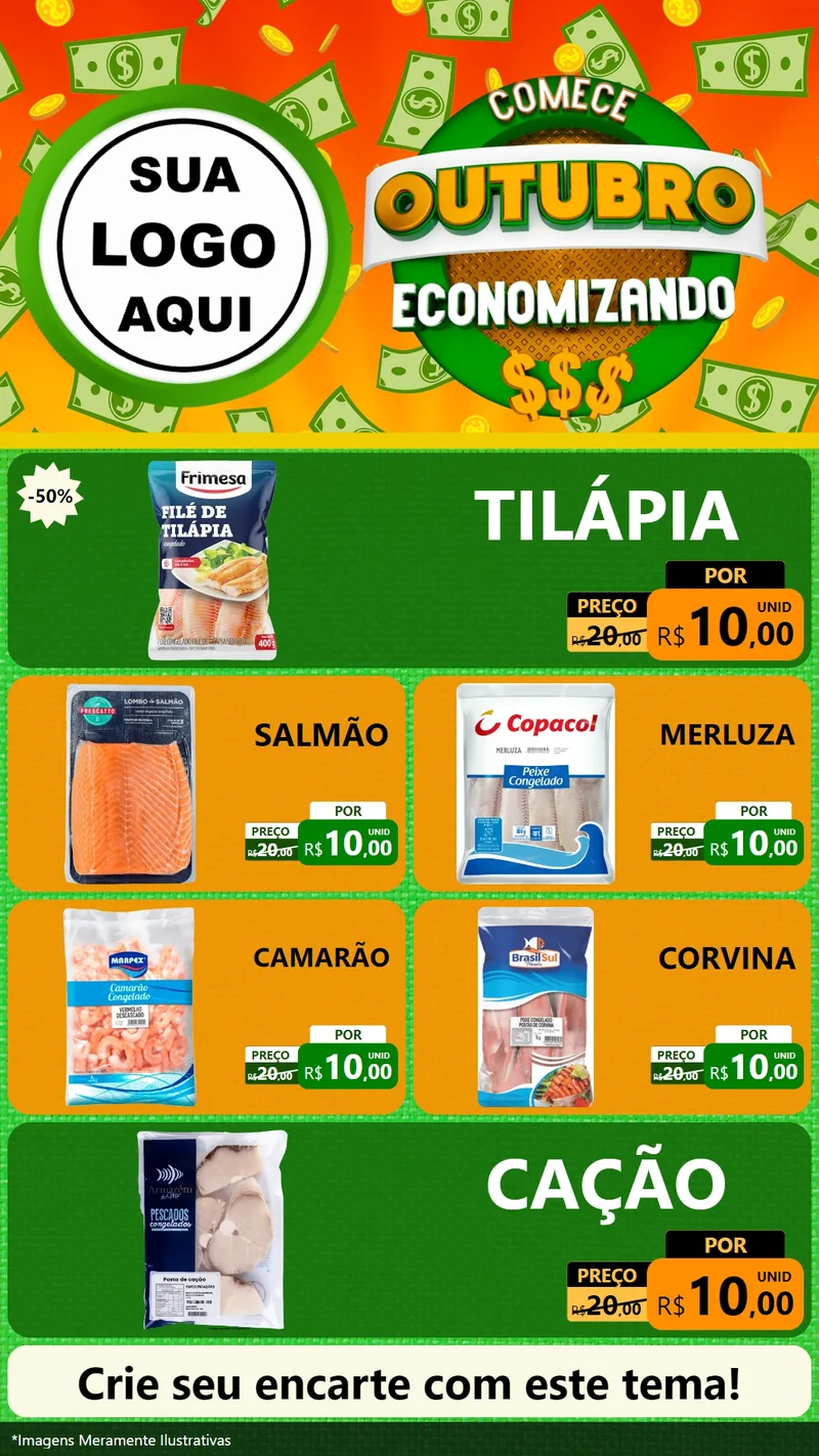 Modelo de TV para TV Vertical com o tema Comece Outubro Economizando para Peixaria