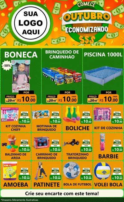 Modelo de Encarte para Encarte Grande com o tema Comece Outubro Economizando para Brinquedos