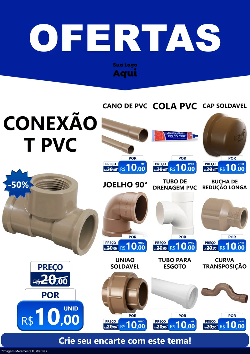Modelo de Encarte para Encarte A4 Vertical com o tema Ofertas Azul Cartaz para Tubos e conexões