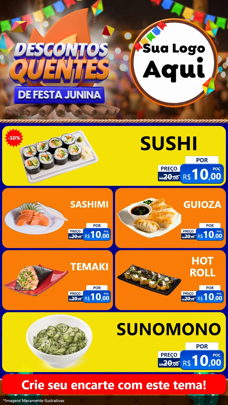 Modelo de TV para TV Vertical com o tema Descontos Quentes de Festa Junina para Comida japonesa
