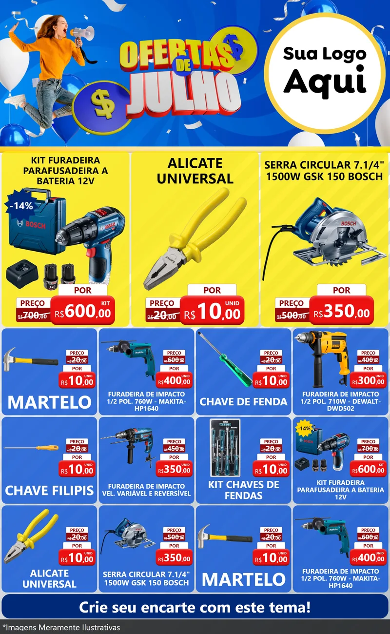 Modelo de Encarte para Encarte Grande com o tema Ofertas de Julho para Maquinas e Ferramentas