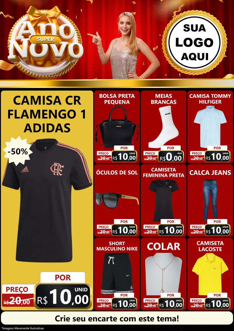 Modelo de Encarte para Encarte A4 Vertical com o tema Super Ano Novo para Roupas e acessórios