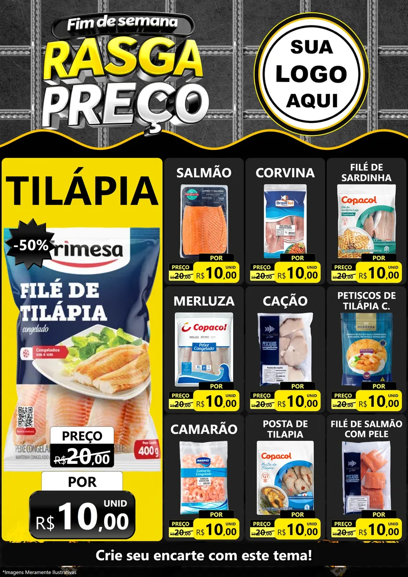 Modelo de Encarte para Encarte A4 Vertical com o tema Fim de Semana Rasga Preço para Peixaria