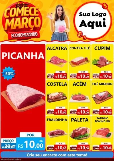 Modelo de Encarte para Encarte A4 Vertical com o tema Comece Março Economizando para Açougue