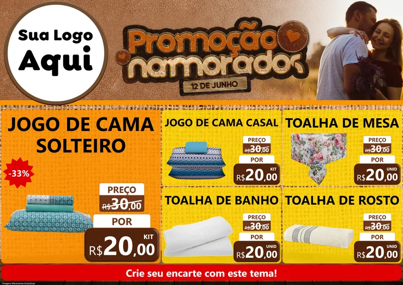 Modelo de Encarte para Encarte A4 Horizontal com o tema Promoção Namorados para Cama, Mesa e Banho