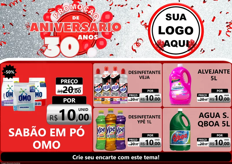 Modelo de Encarte para Encarte A4 Horizontal com o tema Promoção de Aniversário - 30 Anos para Produtos de Limpeza