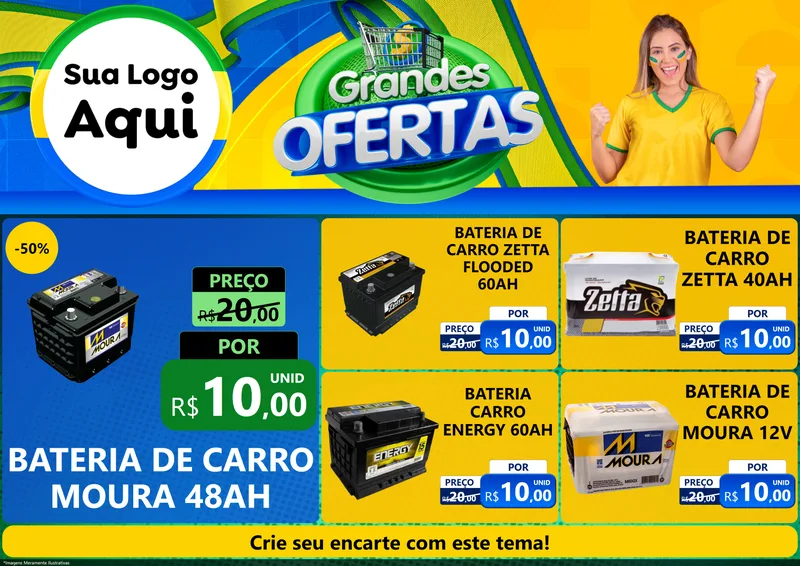 Modelo de Encarte para Encarte A4 Horizontal com o tema Grandes Ofertas para Baterias Elétricas