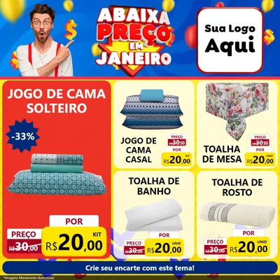 Modelo de Rede Social para Feed Facebook com o tema Abaixa Preço em Janeiro para Cama, Mesa e Banho