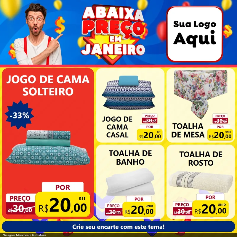 Modelo de Rede Social para Feed Facebook com o tema Abaixa Preço em Janeiro para Cama, Mesa e Banho