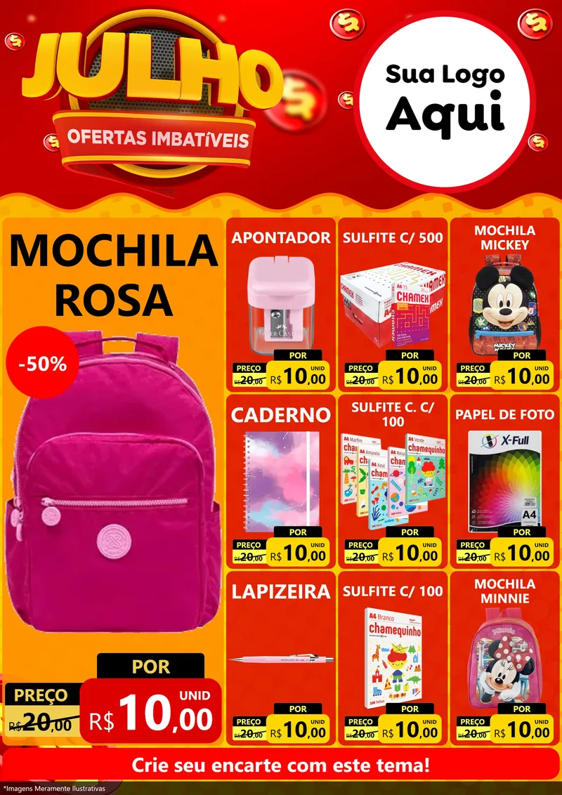 Modelo de Encarte para Encarte A4 Vertical com o tema Julho Ofertas Imbatíveis para Papelaria