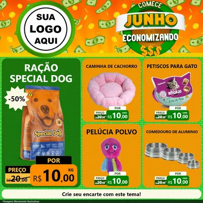 Modelo de Rede Social para Feed Facebook com o tema Comece Junho Economizando para Pet Shop