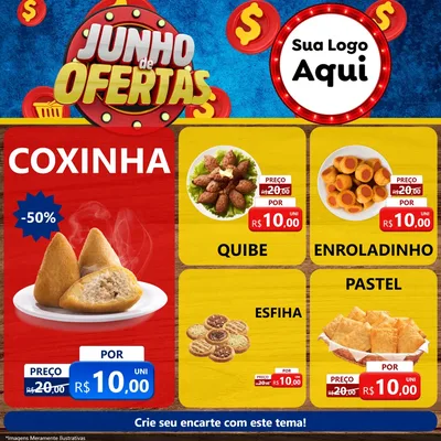 Modelo de Rede Social para Feed Facebook com o tema Junho de Ofertas para Salgadaria