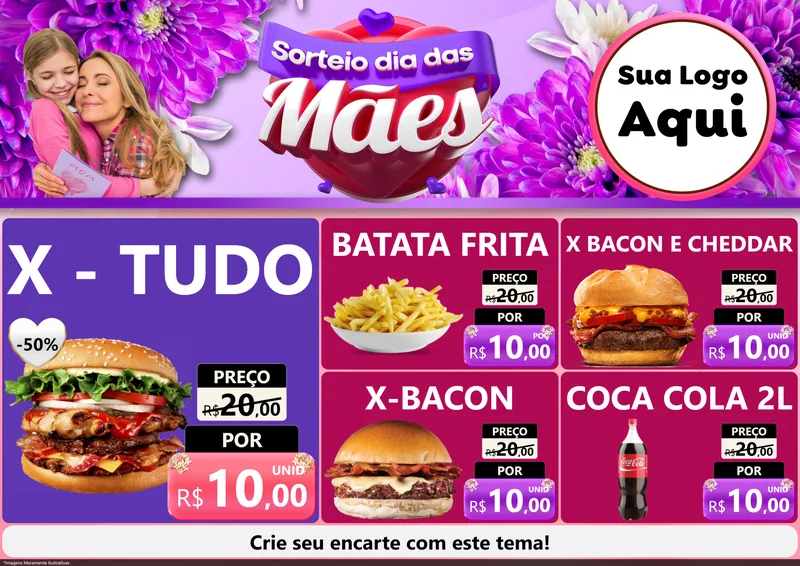 Modelo de Encarte para Encarte A4 Horizontal com o tema Sorteio Dia das Mães para Hamburgueria