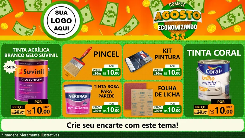 Modelo de TV para TV Horizontal com o tema Comece Agosto Economizando para Tintas e Ferramentas