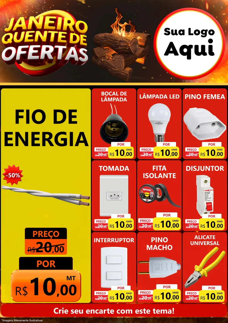 Modelo de Encarte para Encarte A4 Vertical com o tema Janeiro Quente de Ofertas para Materiais Elétricos