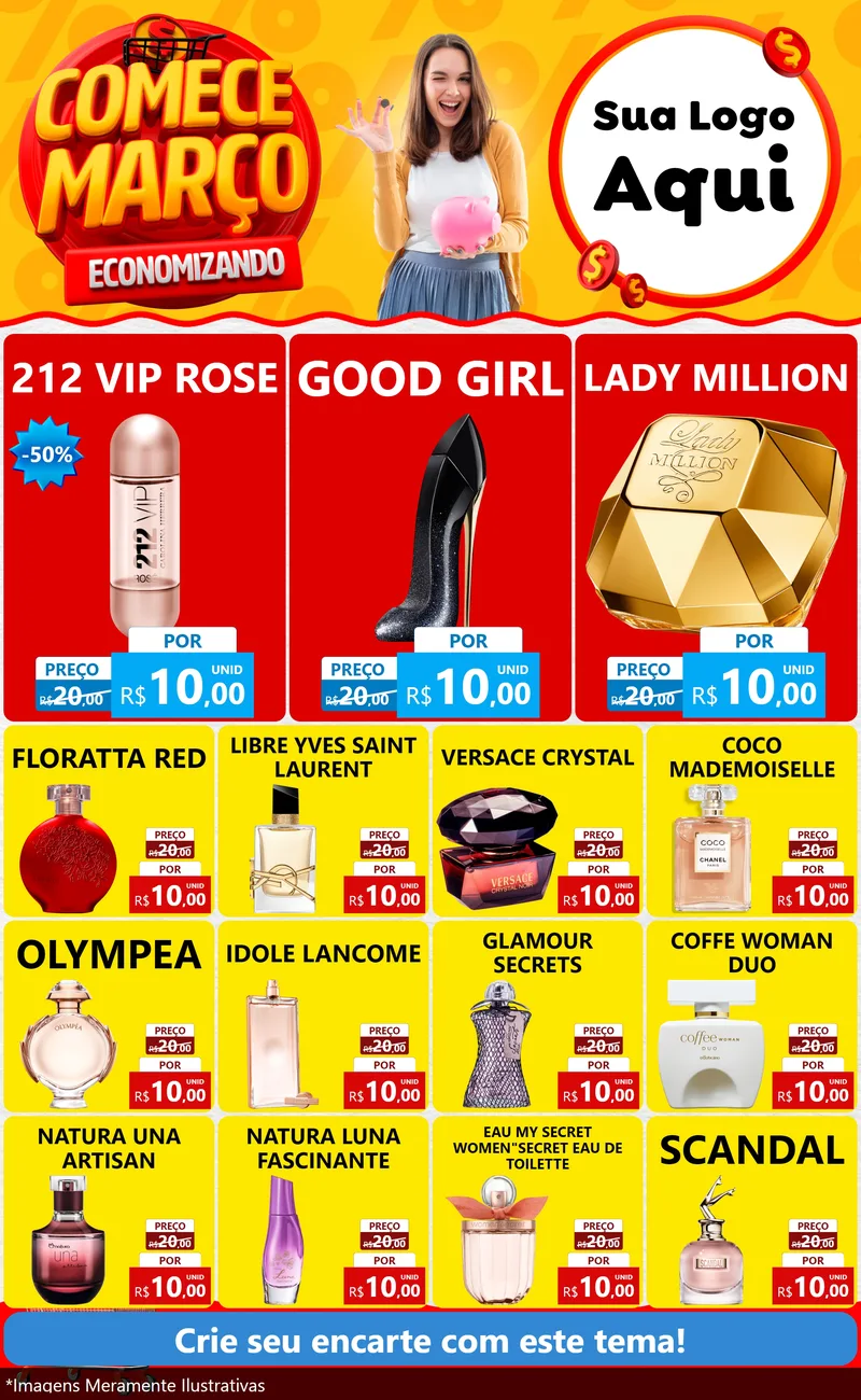 Modelo de Encarte para Encarte Grande com o tema Comece Março Economizando para Perfumes