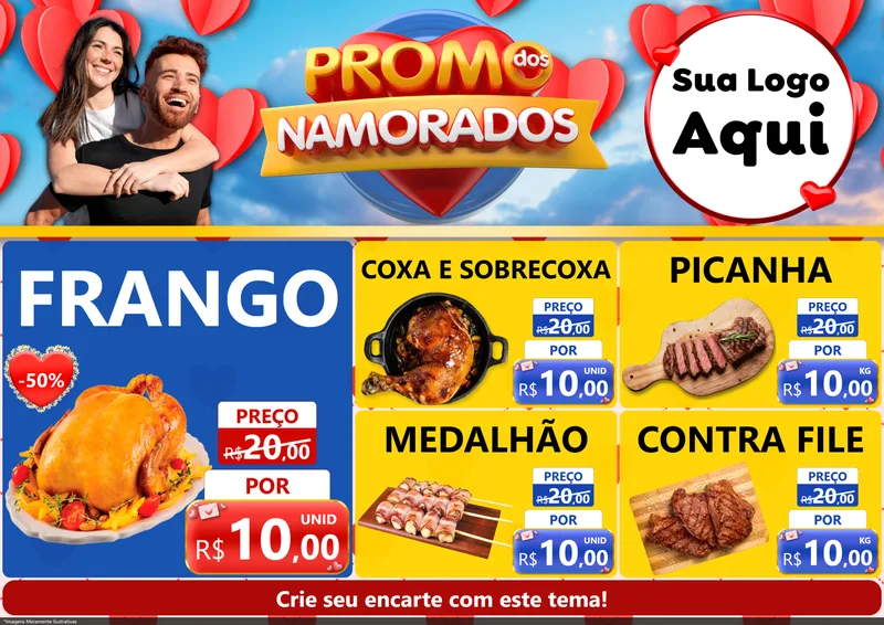 Modelo de Encarte para Encarte A4 Horizontal com o tema Promo dos Namorados para Assados