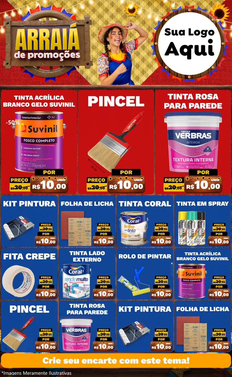 Modelo de Encarte para Encarte Grande com o tema Arraiá de Promoções para Tintas e Ferramentas