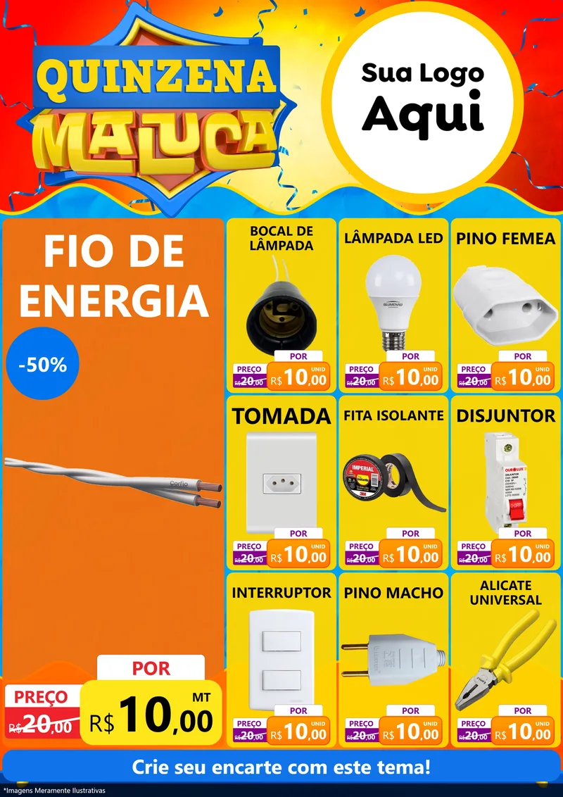Modelo de Encarte para Encarte A4 Vertical com o tema Quinzena Maluca para Materiais Elétricos