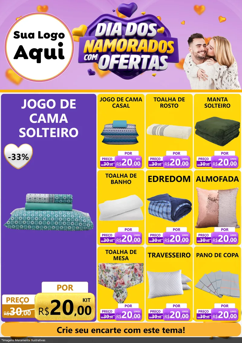Modelo de Encarte para Encarte A4 Vertical com o tema Dia Dos Namorados Com Ofertas para Cama, Mesa e Banho