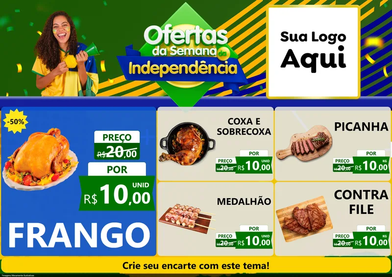 Modelo de Encarte para Encarte A4 Horizontal com o tema Ofertas da Semana da Independência para Assados