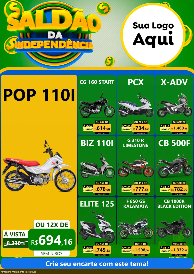 Modelo de Encarte para Encarte A4 Vertical com o tema Saldão da Indepêndencia para Concessionaria de Motos