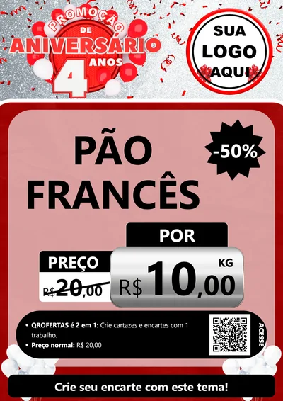 Modelo de Cartaz para Cartaz A4 Vertical com o tema Promoção de Aniversário - 4 Anos para Padaria