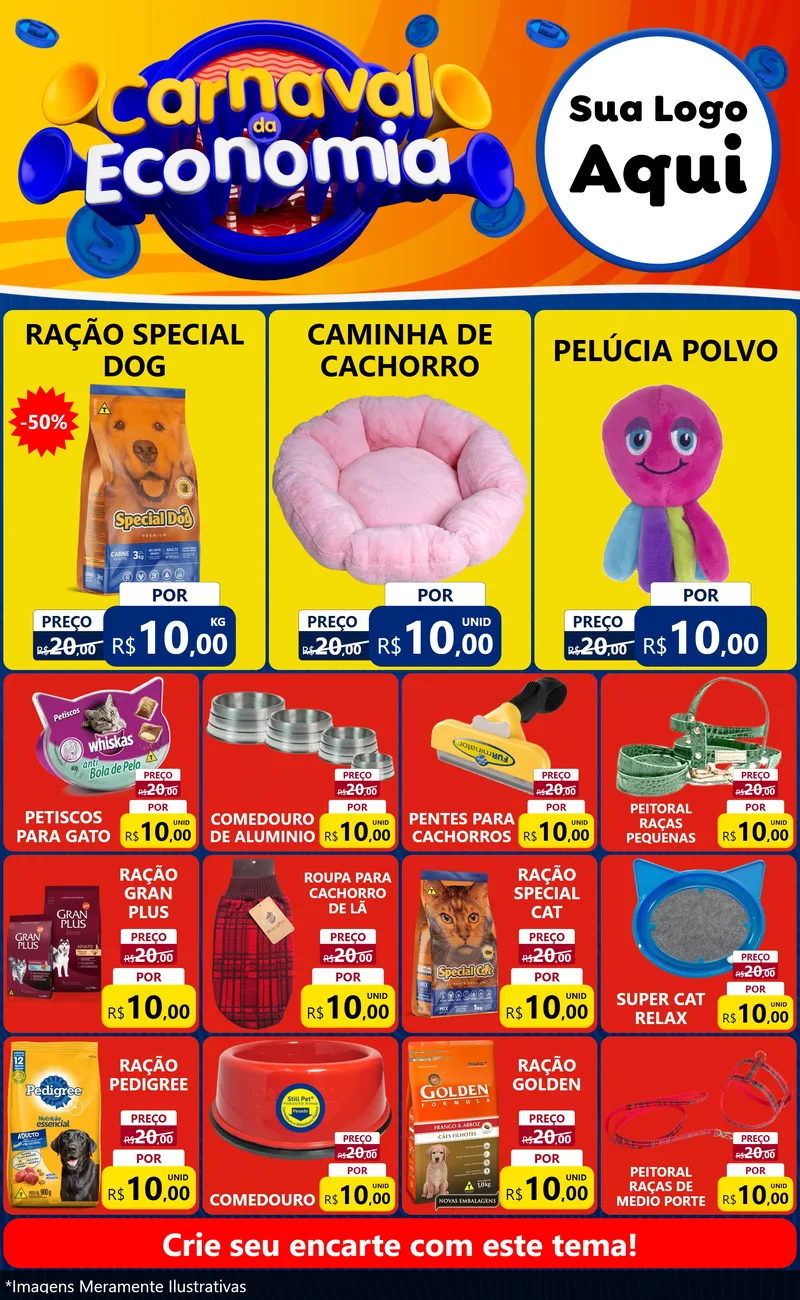 Modelo de Encarte para Encarte Grande com o tema Carnaval da Economia para Pet Shop